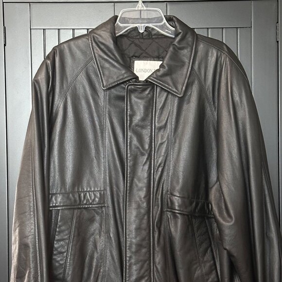 London Fog Genuine Leather Jacket Mens Size L Zip Front Bomber Coat Black - Picture 2 of 10